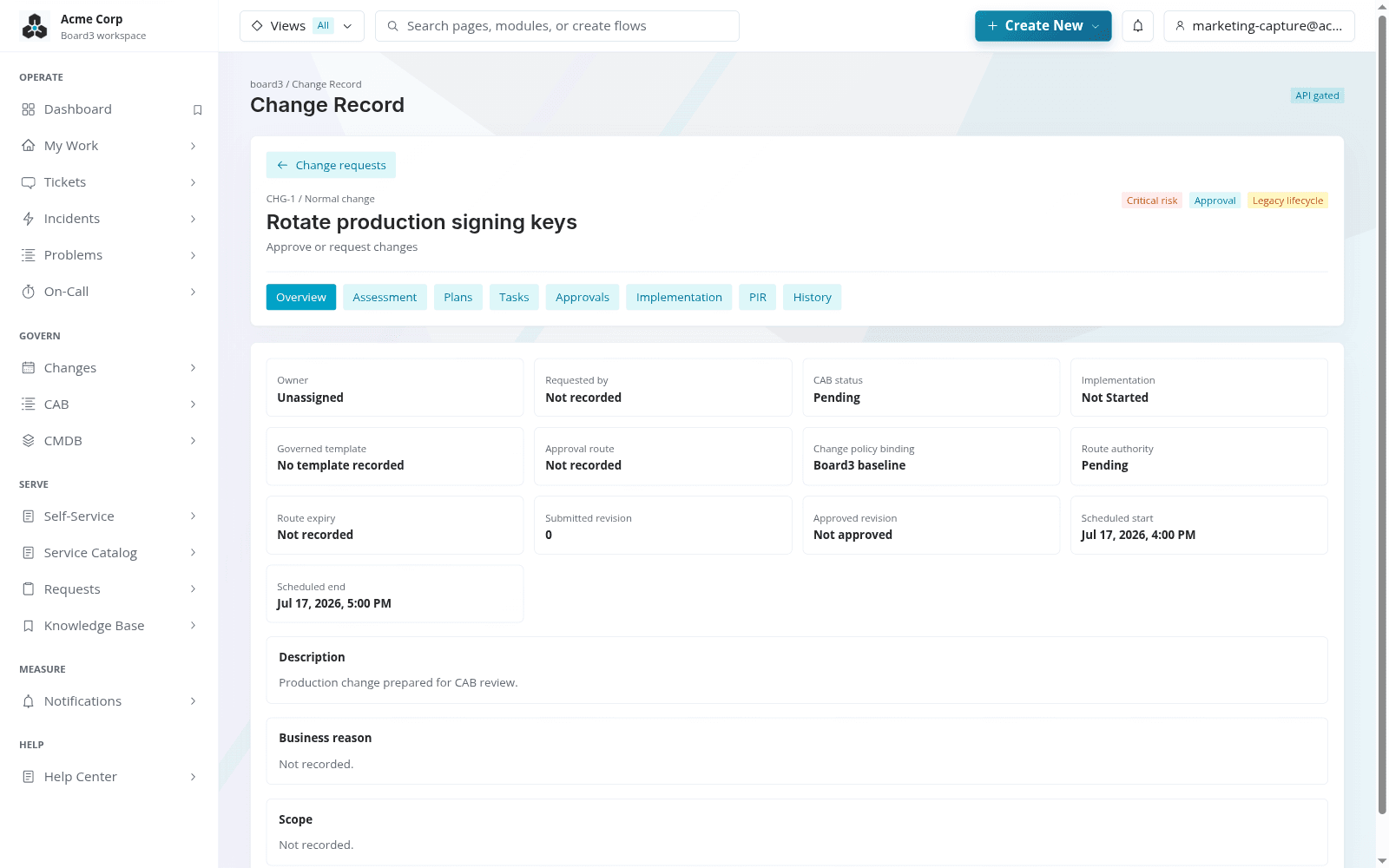 Board3 change record overview with risk, approvals, affected services, and implementation details